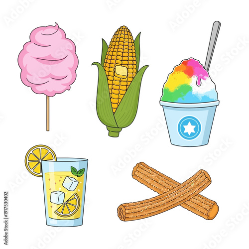 Sweet treats and drinks including cotton candy, corn, shaved ice, lemonade, and churros.