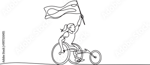 Single one line drawing young amputee woman with body injuries raising flag. Disabled athlete sitting on racing wheelchair, disabled sportswoman. one line Icon drawing