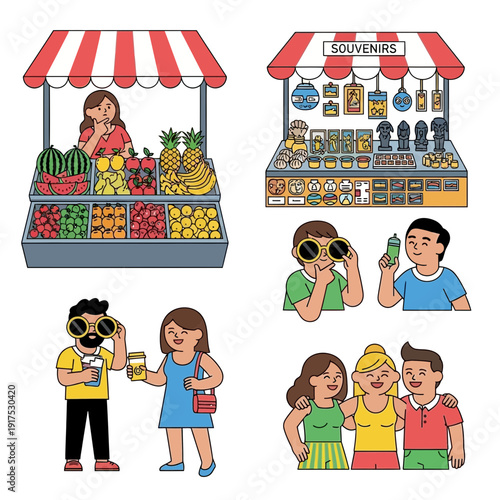 People shopping at market stalls and interacting with each other.