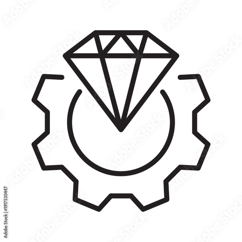 Minimalist line icon of a diamond above a gear. Concept of premium service, quality settings, luxury customization, value optimization, and high standard configuration. Simple outline vector isolated 