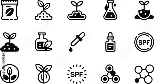 set of icons representing plant growth and skincare products with SPF protection and molecular structures