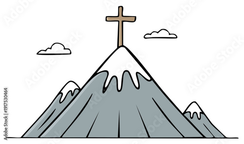 Simple cross atop a snow capped mountain peak under a cloudy sky