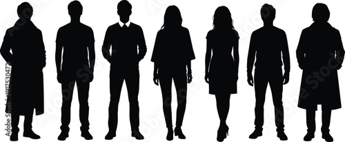 Diverse collection of business people silhouettes and flat vector illustrations standing in line sitting or facing forward for recruitment human resources and community concept