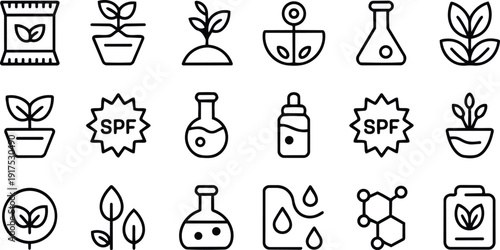 Black line icons of plants, seeds, and laboratory equipment for skincare and science concepts