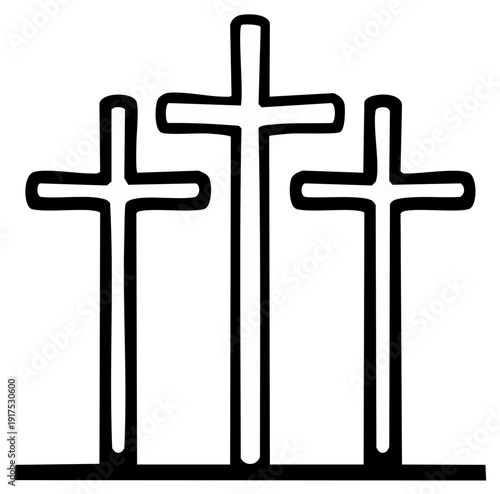 Three crosses on Calvary hill line art icon a Christian symbol of crucifixion sacrifice and salvation for Easter