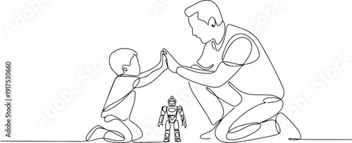 Single line drawing of of father accompany his kid playing a robot action figure model kit and gives high five gesture. Parenting concept. one line Icon drawing