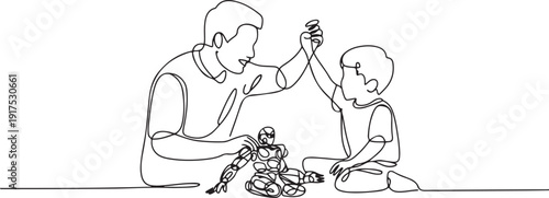 Single line drawing of of father accompany his kid playing a robot action figure model kit and gives high five gesture. Parenting concept. one line Icon drawing