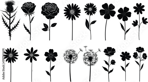 Diverse mega collection of business people silhouettes flat vector illustrations families flowers and vintage street lamps for recruitment human resources urban design and community