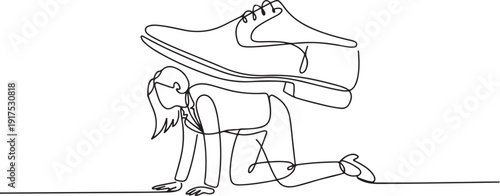 Single continuous line drawing businesswoman crawling under giant foot trample. Female employee oppressed by the boss with under big shoe. one line Icon drawing