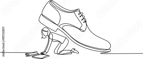 Single continuous line drawing businesswoman crawling under giant foot trample. Female employee oppressed by the boss with under big shoe. one line Icon drawing