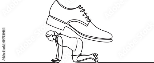 Single continuous line drawing businesswoman crawling under giant foot trample. Female employee oppressed by the boss with under big shoe. one line Icon drawing