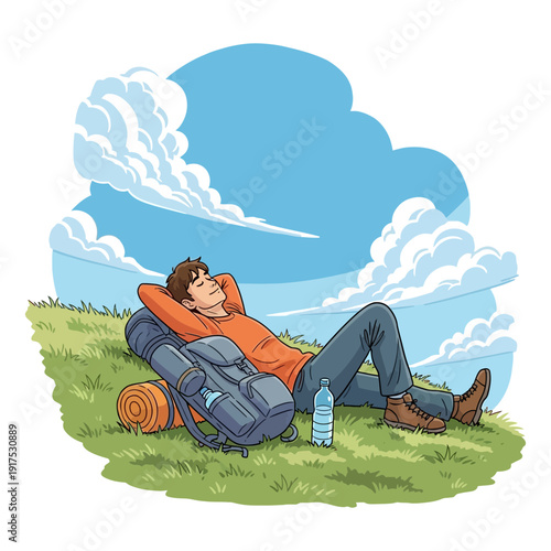 Person resting on a grassy hill with a backpack and water bottle.
