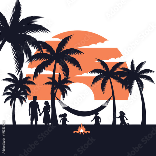Family silhouettes on beach with palm trees and sunset.