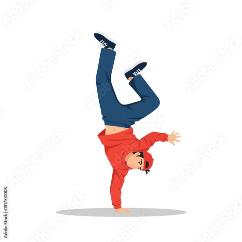 Person performing a handstand breakdancing move with legs in the air.