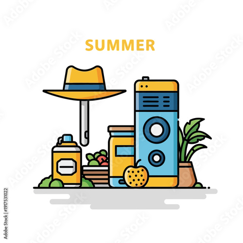 Summer essentials including hat, speaker, drinks, and fruit.