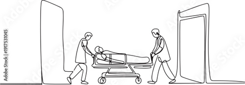 Single one line drawing doctors push gurney with sick woman. Room in hospital. Medical staff, infected patient. Health care and aid. Medical quarantine. one line Icon drawing