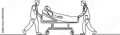 Single one line drawing doctors push gurney with sick woman. Room in hospital. Medical staff, infected patient. Health care and aid. Medical quarantine. one line Icon drawing