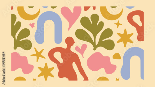 colorful abstract illustration of a person surrounded by shapes and plants colorful abstract illustration of a person surrounded by shapes and plants