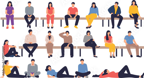 Flat Vector Illustration of a Large Diverse Group of People Sitting on Benches and Relaxing on the Floor Representing Community Public Space and Togetherness