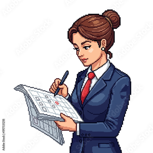 Woman in suit reviewing document with pen, focused and serious.