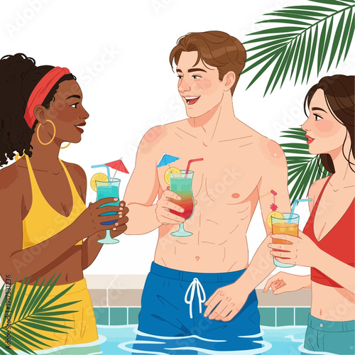 Three friends enjoy drinks in a swimming pool with palm fronds.