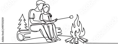 Single one line drawing happy romantic couple summer camp. Man woman sitting by fireplace on log. Bonfire with marshmallow. Outdoor vacation in forest. one line Icon drawing