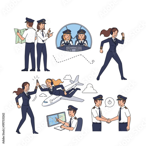 Diverse group of people in aviation uniforms engaged in various activities.