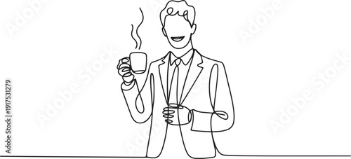 One continuous line drawing of young happy businessman standing while holding a cup of good taste hot black dark coffee at office break. one line Icon drawing
