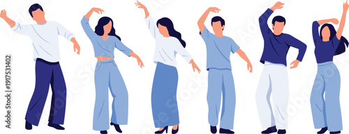 Group of Happy People Dancing and Celebrating Together in Flat Vector Style Featuring Diverse Characters for Party Events Music Festivals and Social Lifestyle Graphics