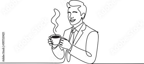One continuous line drawing of young happy businessman standing while holding a cup of good taste hot black dark coffee at office break. one line Icon drawing