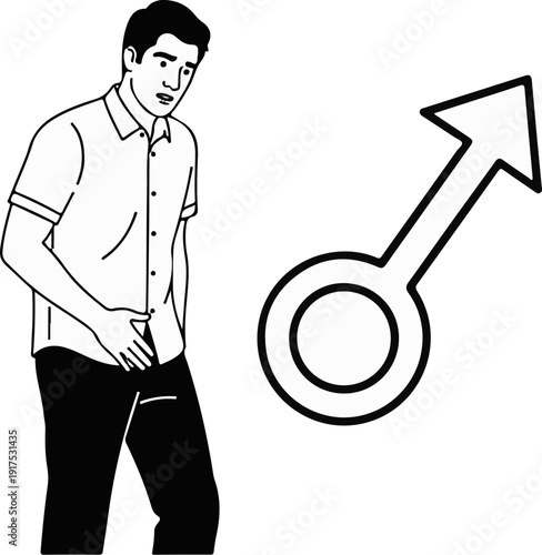 Man holding his abdomen with a pained expression next to the male symbol