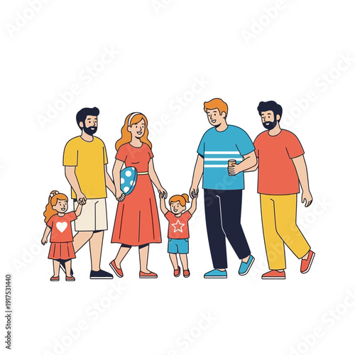 Diverse group of people including adults and children standing together happily.