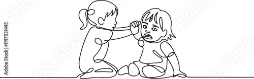 Single continuous line drawing toddler kids girls fighting with one pulling hair of the other. She look of shock and pain. Problem of physical bullying at school. one line Icon drawing