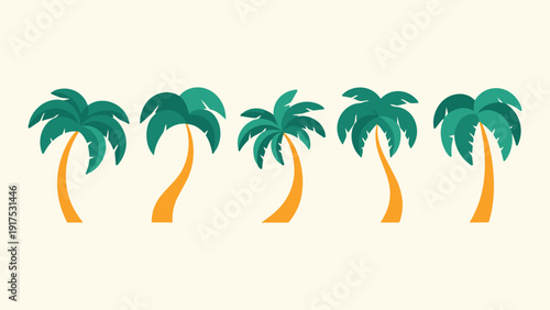 Five green palm trees with yellow trunks standing alone tropical landscape