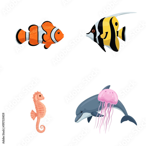 Four marine animals including a clownfish, angelfish, seahorse, and dolphin with jellyfish.