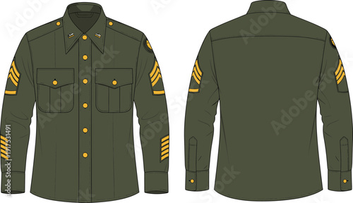 Military uniform shirt technical drawing front and back view with rank insignia flat vector illustration for army apparel