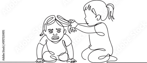 Single continuous line drawing toddler kids girls fighting with one pulling hair of the other. She look of shock and pain. Problem of physical bullying at school. one line Icon drawing