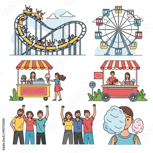 Amusement park scenes with rides, food stalls, and happy people enjoying themselves.