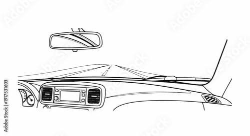 Interior view of a car dashboard looking out at a road