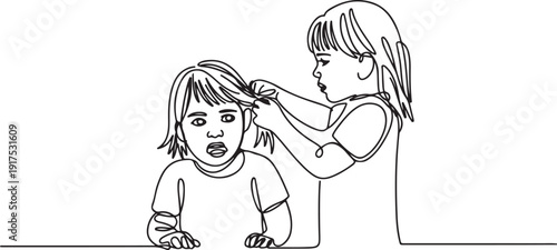 Single continuous line drawing toddler kids girls fighting with one pulling hair of the other. She look of shock and pain. Problem of physical bullying at school. one line Icon drawing