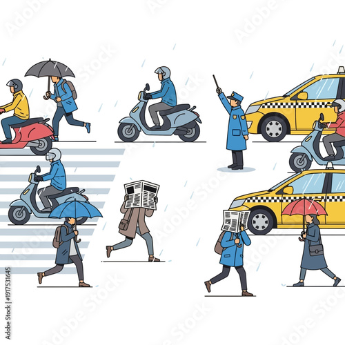 People with umbrellas walk and ride scooters past yellow cars in the rain.