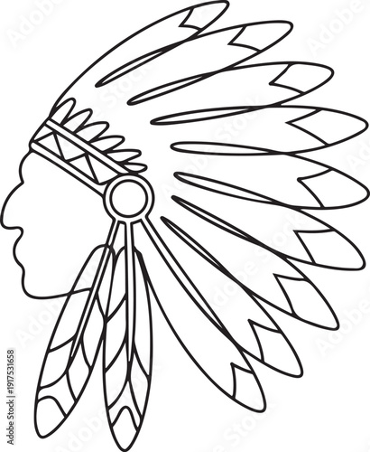 Continuous line drawing of a Native American chief feathered headdress front view, representing cultural heritage concept for American Indian Citizenship Day. one line Icon drawing