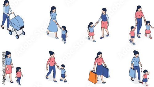 Isometric vector character set of mothers walking with children baby strollers and shopping bags isolated on white background for family lifestyle design projects