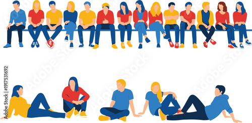 Minimalist Illustration of a Diverse Group of Five People Wearing Colorful Outfits Standing Together and Looking Up at the Sky With Curiosity and Wonder