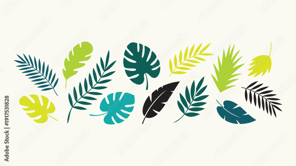 Fototapeta premium Collection of tropical leaves in various colors and shapes leaves