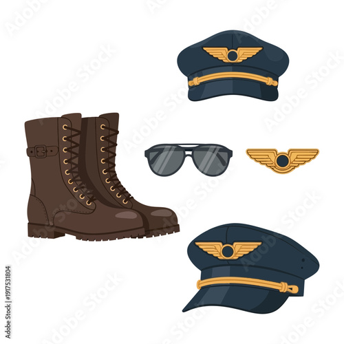 Pilot accessories including boots, caps, sunglasses, and wings insignia.