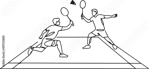 Single one line drawing badminton court with two players hitting shuttlecock with their racquets on smartphone screen. Professional sports competition. one line Icon drawing