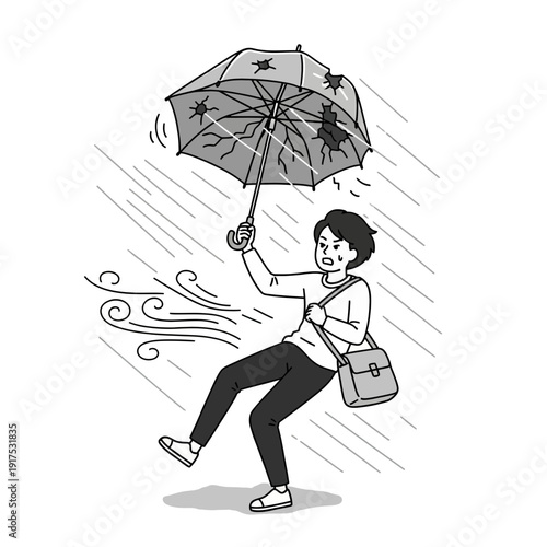 Person struggling with an umbrella in strong wind and rain.