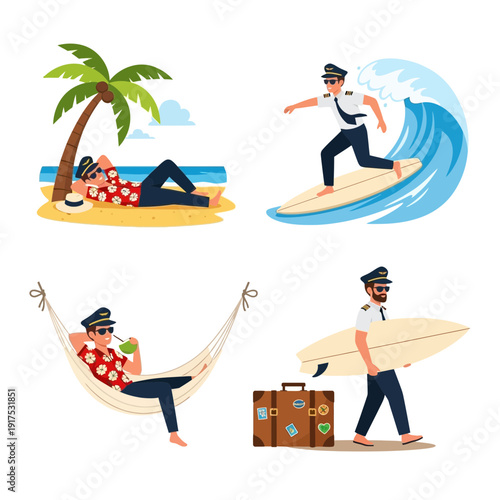 People enjoying beach activities and relaxation with surfboards and luggage.