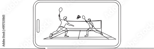 Single one line drawing badminton court with two players hitting shuttlecock with their racquets on smartphone screen. Professional sports competition. one line Icon drawing